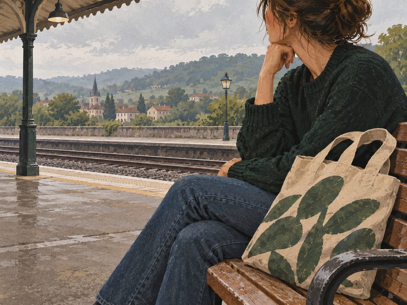 Eine Stofftasche liegt auf einer Bank am Bahnsteig.
