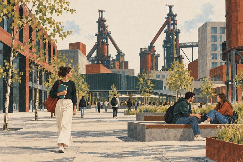 Illustration eines Platzes mit Hochofenformen im Hintergrund und zwei Erwachsenen im Vordergrund.