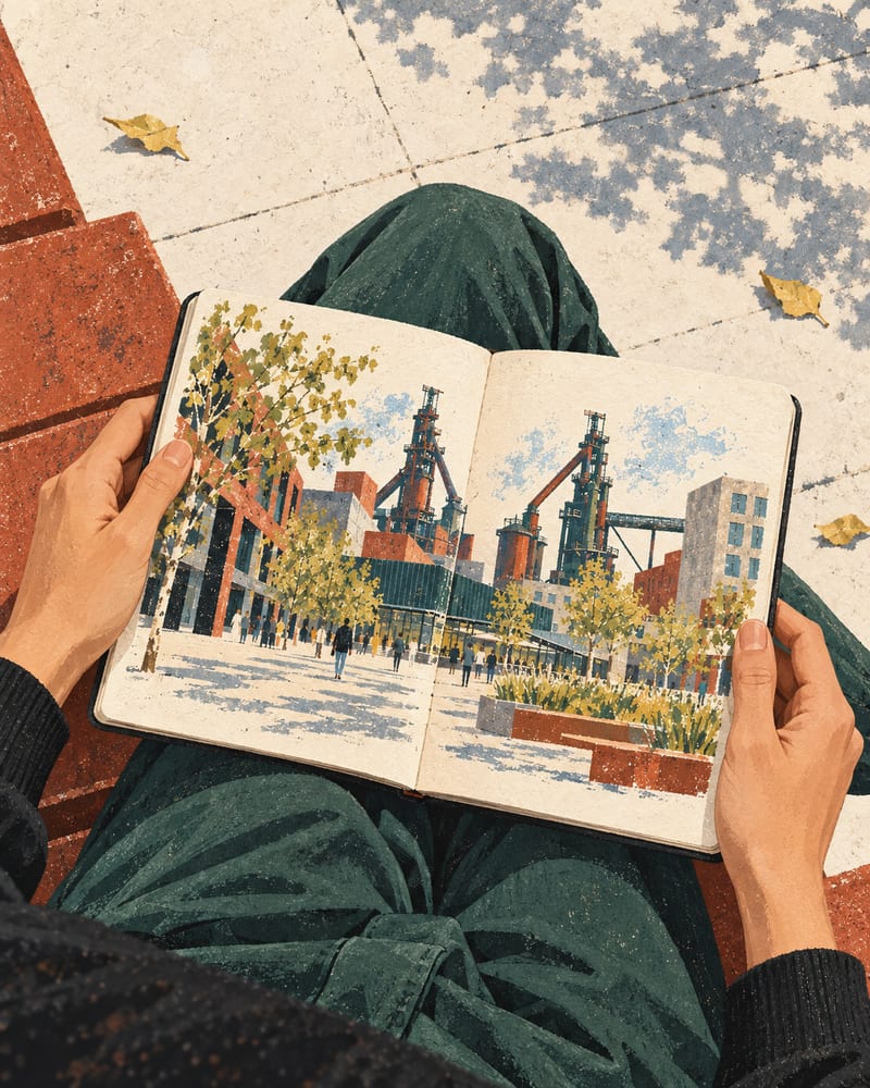 Ein aufgeschlagenes Heft in den Händen eines Studierenden.