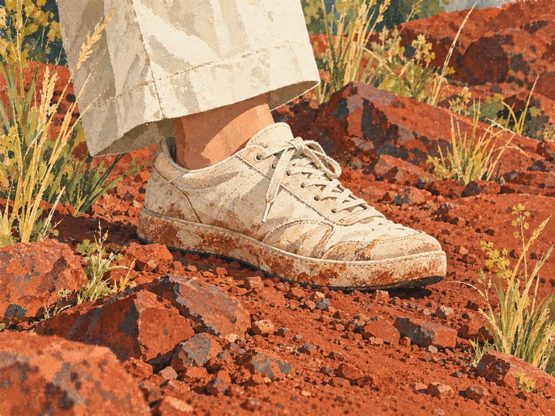 Ein Wanderschuh auf roter Minett-Erde zwischen Gräsern.