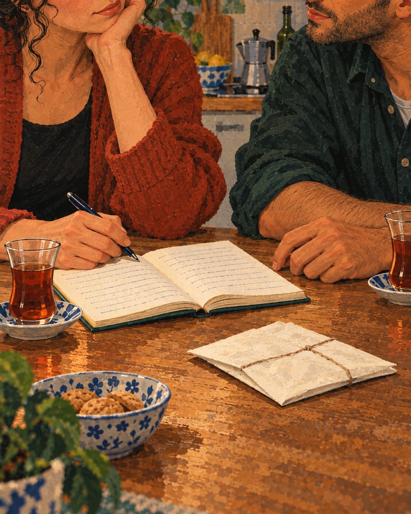 Maras und Samirs Hände neben dem offenen Heft am Tisch.