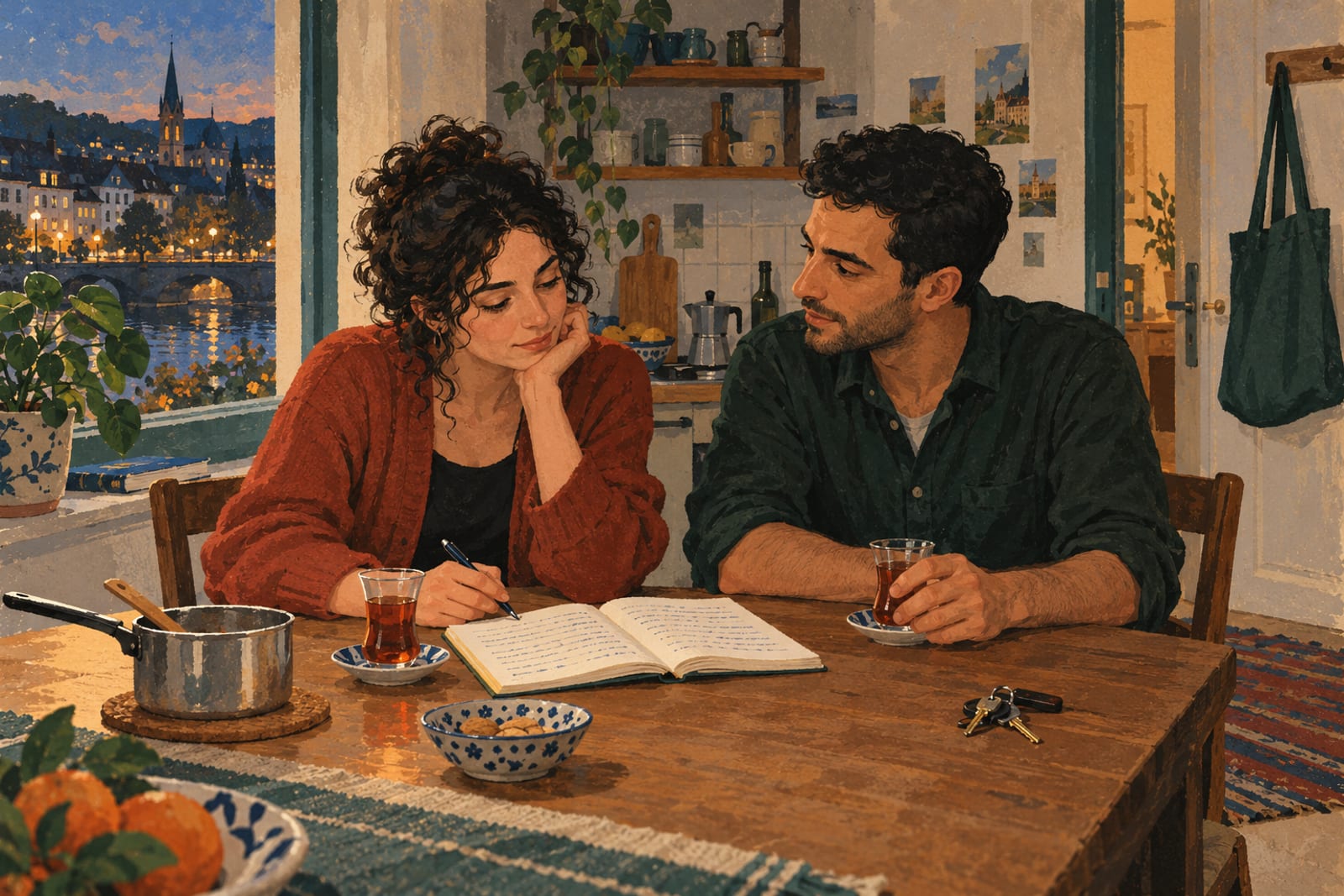 Illustration von Mara und Samir an einem Küchentisch mit einem kleinen Topf.