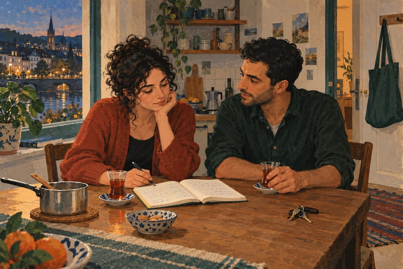 Illustration von Mara und Samir an einem Küchentisch mit einem kleinen Topf.