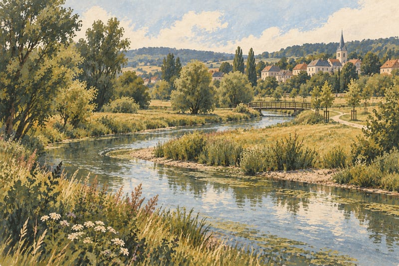 Eine Flussbiegung mit feuchter Wiese, Bäumen und einem kleinen Steg in einer redaktionellen Landschaftsillustration.